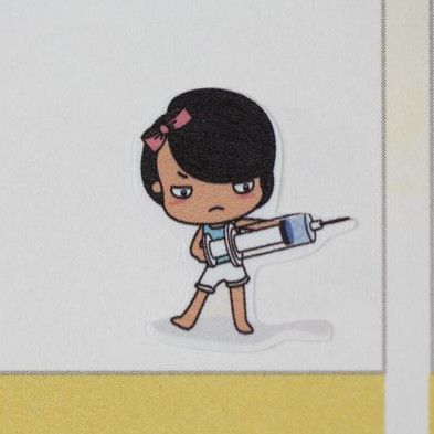 cute cartoon girl holding a shot stickers to remind you to get your vaccines