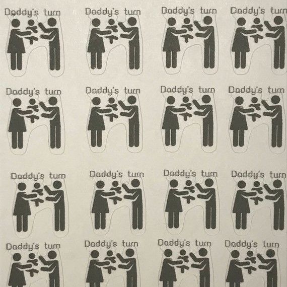 cute parent time stickers that show a mom handing a baby to dad and the words daddy's turn