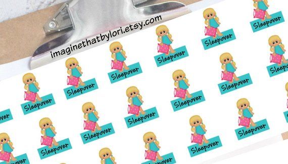 sleepover planner stickers featuring a girl holding a pillow