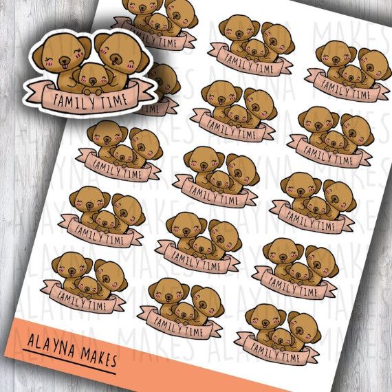 adorable family time planner stickers showing mom dad and baby puppies hugging