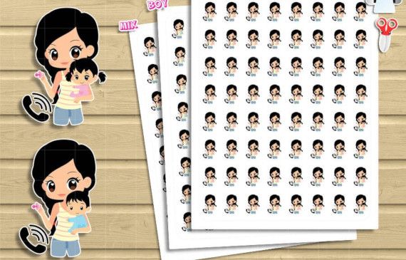 reminder stickers to call the babysitter featuring a mom holding a baby and a phone